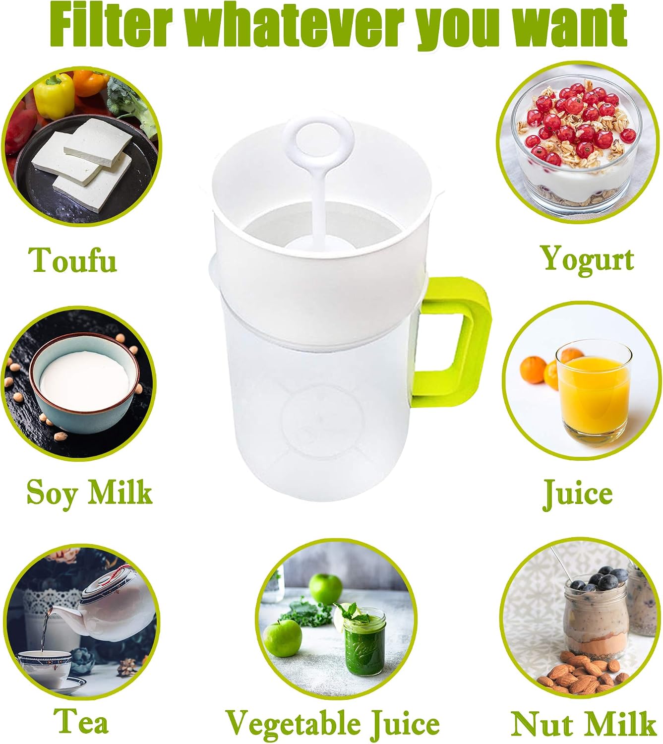 Multiple Usage Food Strainer Greek Yogurt Strainer Maker with 200 Micron Nylon Cheesecloth Bag Food Grade Polycarbonate and Stainless Steel Mesh BPA-Free, Soy Milk Juice Tea Filter 1.5-Quart