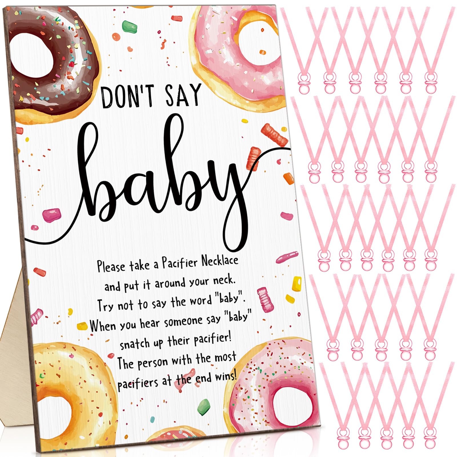 Wesiti 51 Pcs Baby Shower Games Pacifier Necklace Wooden Sign,Pink,Donut | 50 Necklaces with Acrylic Pacifiers, Gender Reveal Party Favors, We Can Bearly Wait Theme Decor for Shower Guests