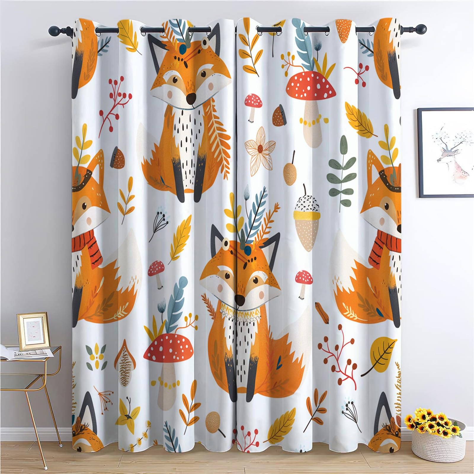Verdunkelungsvorhänge Kinderzimmer Fuchs & Pilz Motiv - H245 x B280 cm (2er Set) - Blickdichte Thermo Gardinen für Babyzimmer & Schlafzimmer - Waldtiere Vorhang mit Ösen, Lärmminderung