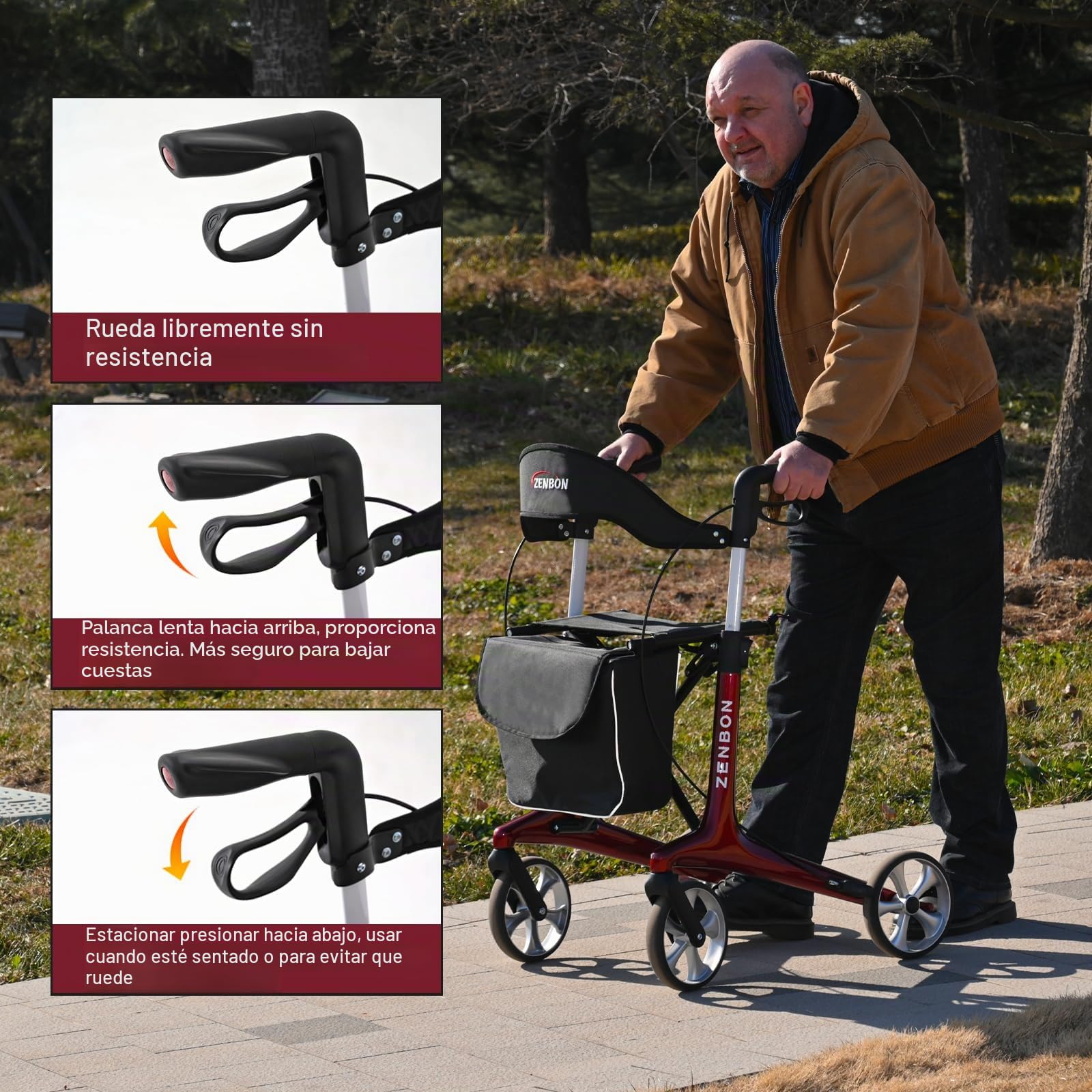 Andador para Ancianos Carbono: Andador Plegable y Ligero con Asiento - Andador Plegable Estrecho para Personas Mayores - Andador de Interior para Viajes en el Maletero (Rojo)