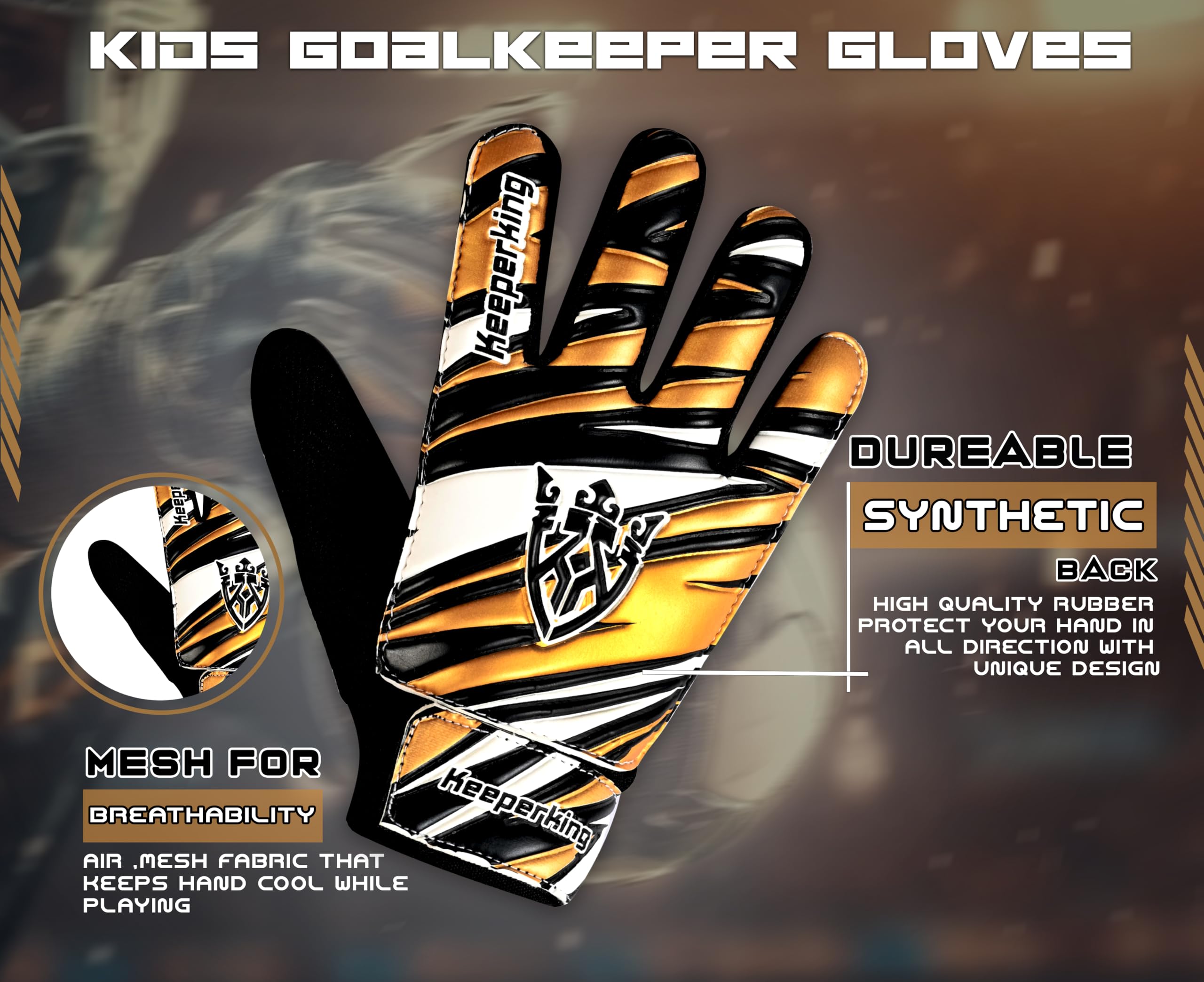 Keeperking Guanti da portiere per bambini, ragazzi e ragazze, guanti da calcio, per ragazzi (5, oro nero)
