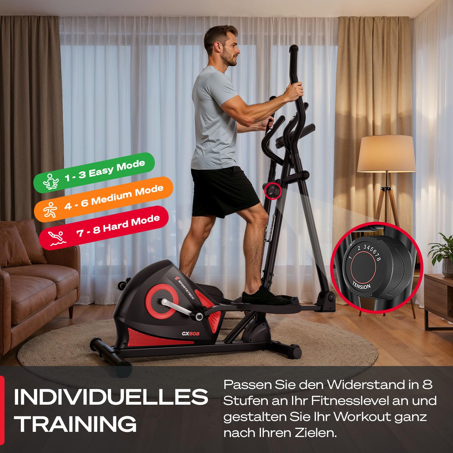 Sportstech CX608 Crosstrainer für Zuhause, leiser Ellipsentrainer mit 8 Widerstandsstufen, 10 kg Schwungrad, LCD Display, Pulssensor bis 120 kg, Fitnessgeräte für Zuhause
