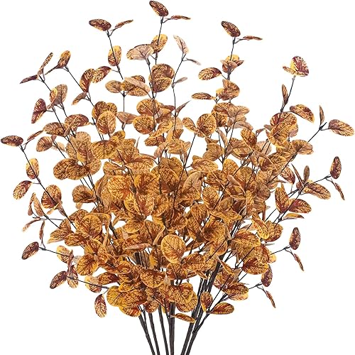 unlemoni 6 tallos de eucalipto artificiales de otoño, hojas de decoración de otoño, ramas de eucalipto falsas de seda para florero, boquets, otoño,