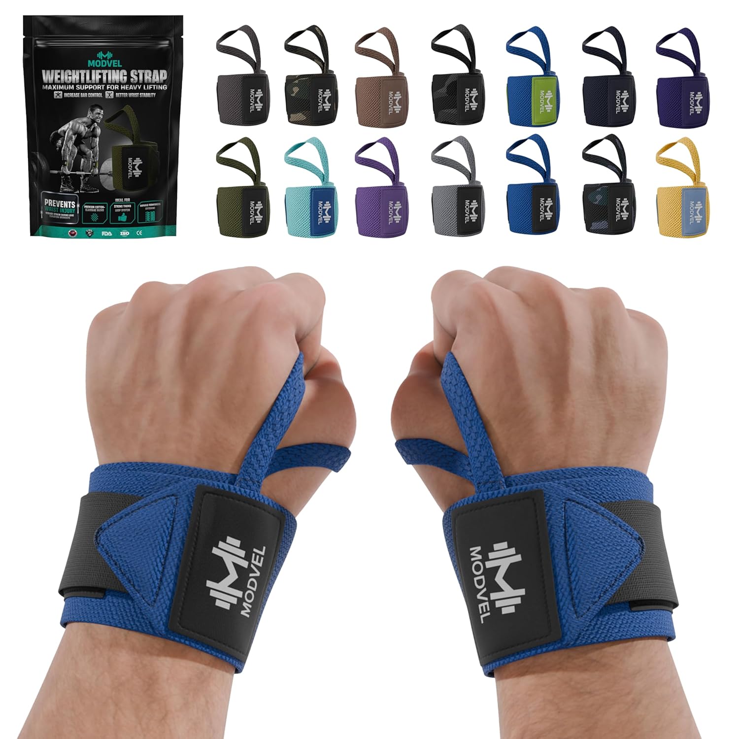 Modvel Adjustable Wrist Wraps for Gym & Lifting – Thick, Breathable Support Straps for Wrist Stability, Comfort & Grip – Ideal for Weight Training, CrossFit & Gym Workouts – R Blue/Black 2-Pack