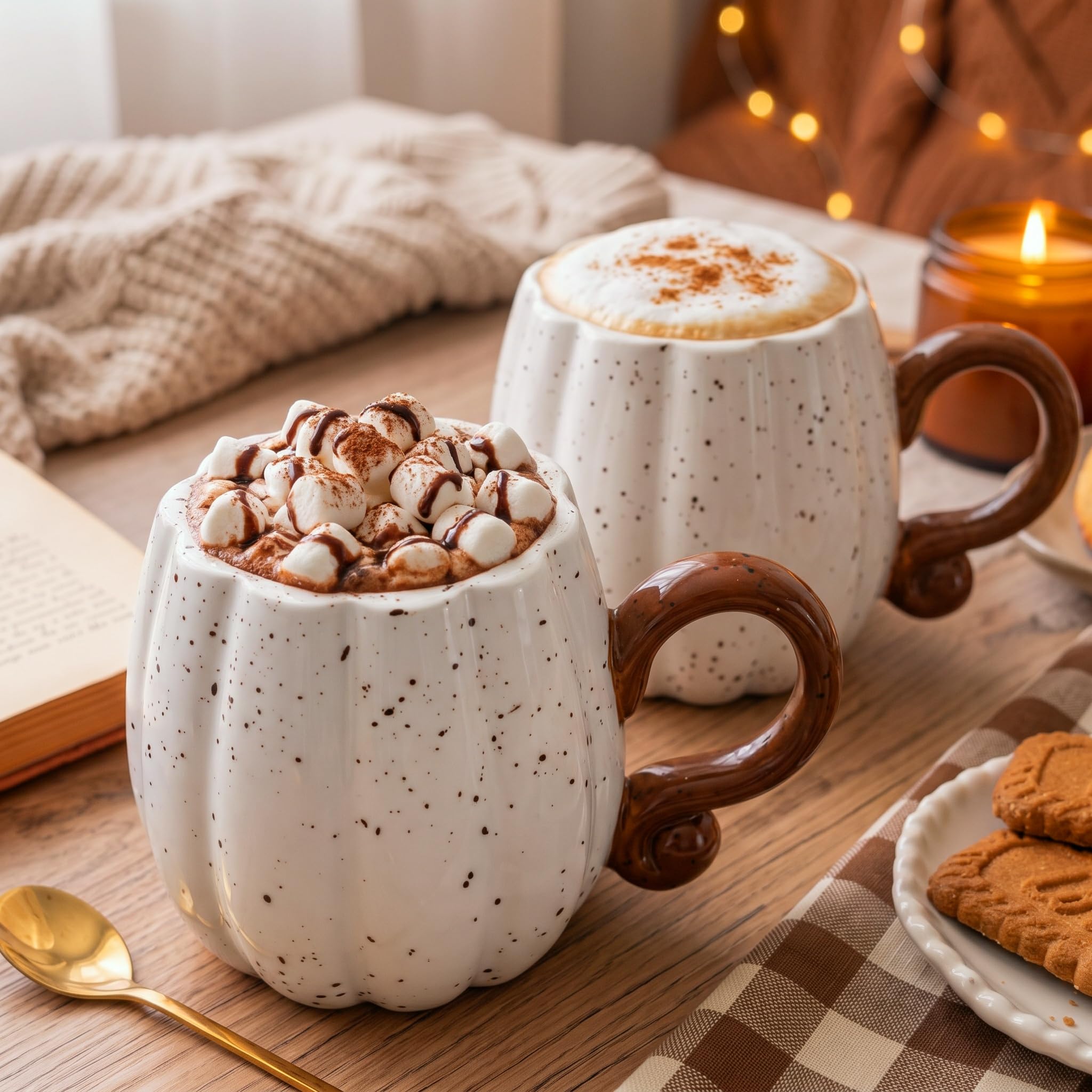 2 Pcs Fall Pumpkin Mug 16 oz Halloween Ceramic Coffee Mug, White | Autumn Large Pumpkin M…