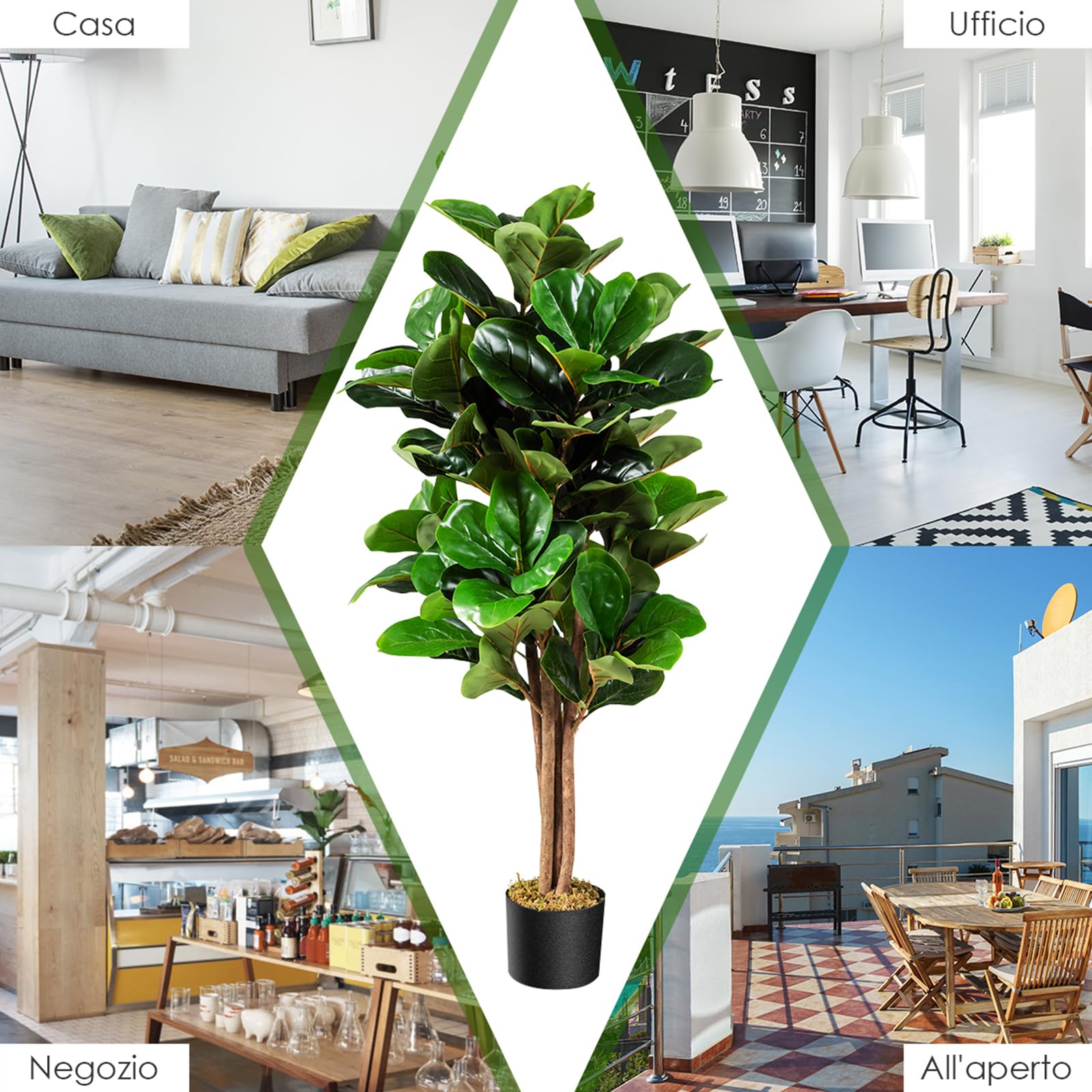 COSTWAY Ficus Lyrata Artificiale da 1,2 Metri, Pianta Finta con Foglie Realistiche in PEVA, Pianta Artificiale da Interno ed Esterno con Vaso in PP, Ideale per Casa e Ufficio