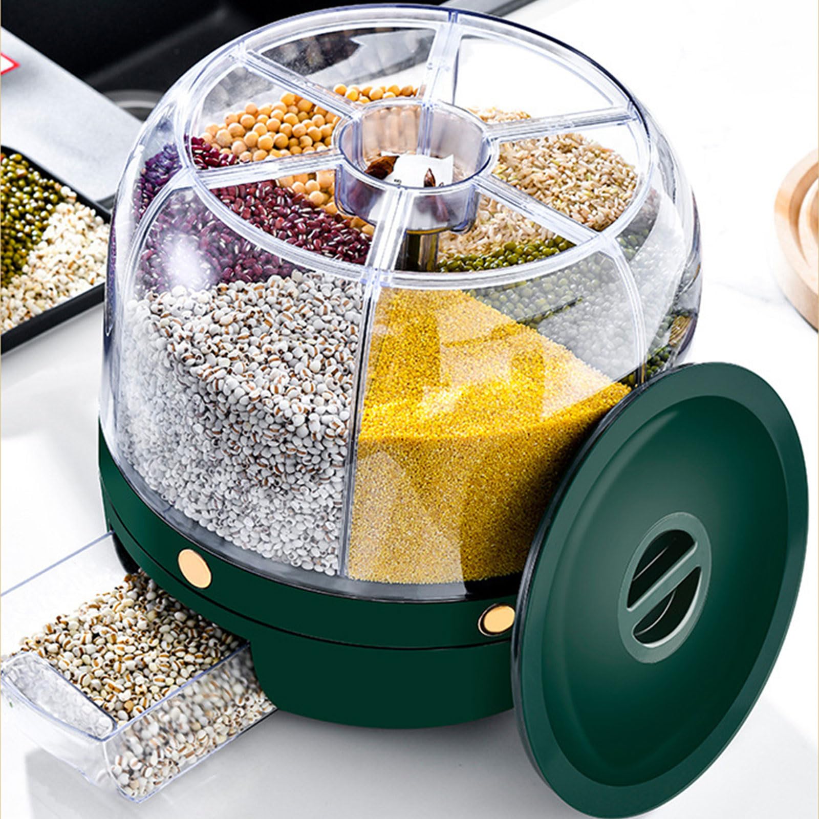 Distributore Riso Rotante 6 Scomparti - Contenitore Cereali Con Coperchio Distributore Riso Rotante 6 Scomparti - Contenitore Cereali Con Coperchio