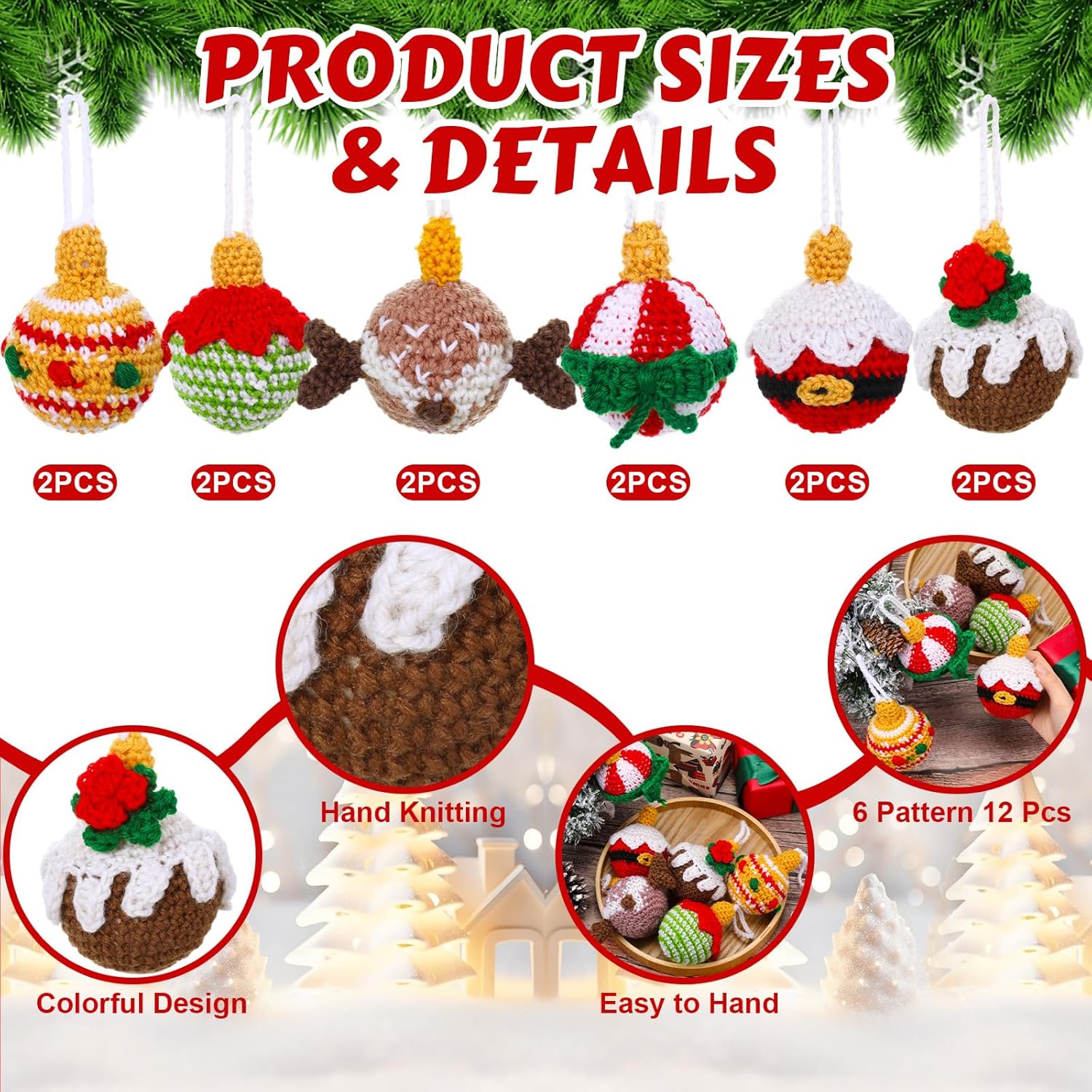Hoolerry 12 Pcs Crochet Christmas Stocking Stuffers Gifts 2.75 Inch Handmade Crochet Hanging Tree Ornament Christmas Pine Cone Santa Claus Elk Ornament for Xmas Winter Party Favor