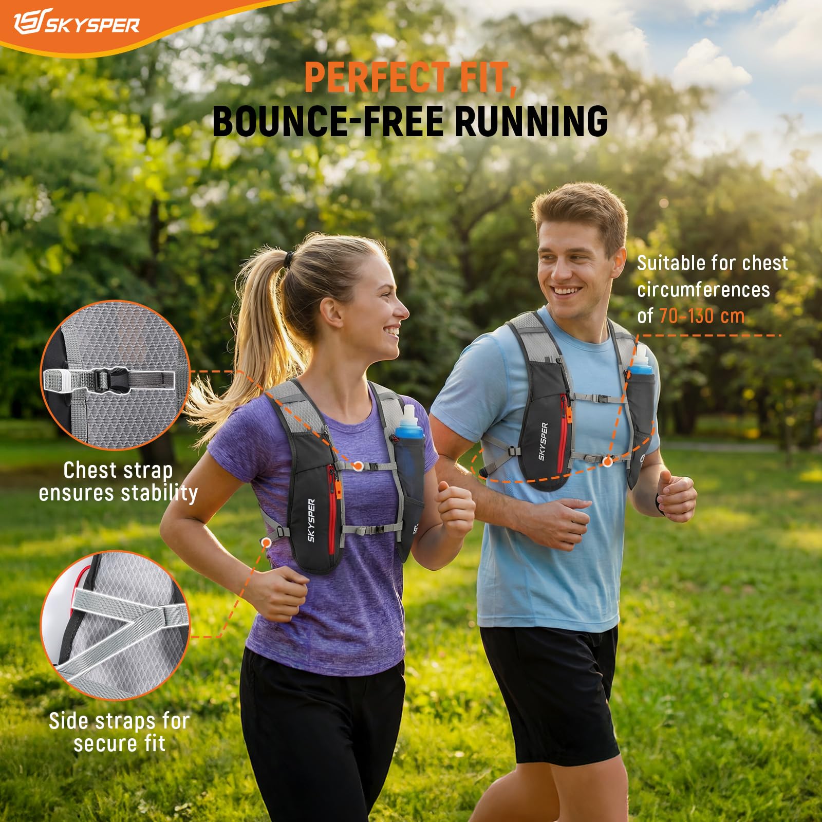 SKYSPER Gilet Hydratation Running 5L, Sac Trail avec Bouteille Souple 500ml pour Course à Pied Marathon Trail Randonnée Femme Homme