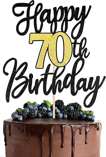 1 pieza de decoración de pastel de cumpleaños 70 negro dorado con purpurina para cumpleaños de 70 años, selección de pastel de 70 años, decoración