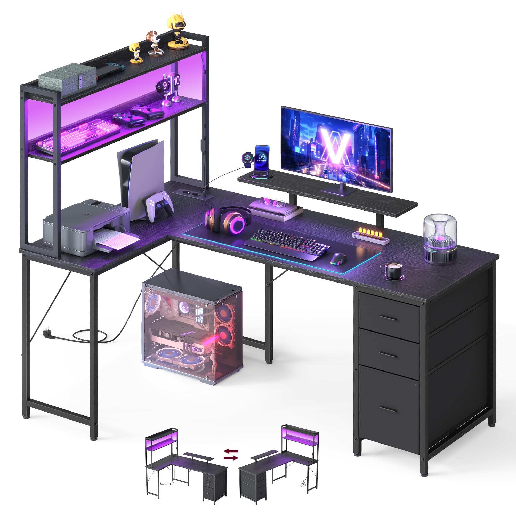 VASAGLE Scrivania Angolare, Scrivania da Gaming con Prese e Porte USB, Luci LED, 3 Cassetti, Supporto per Monitor, 160 x 100 x 150 cm, Nero Ebano, Collezione BARNET LWD163B101
