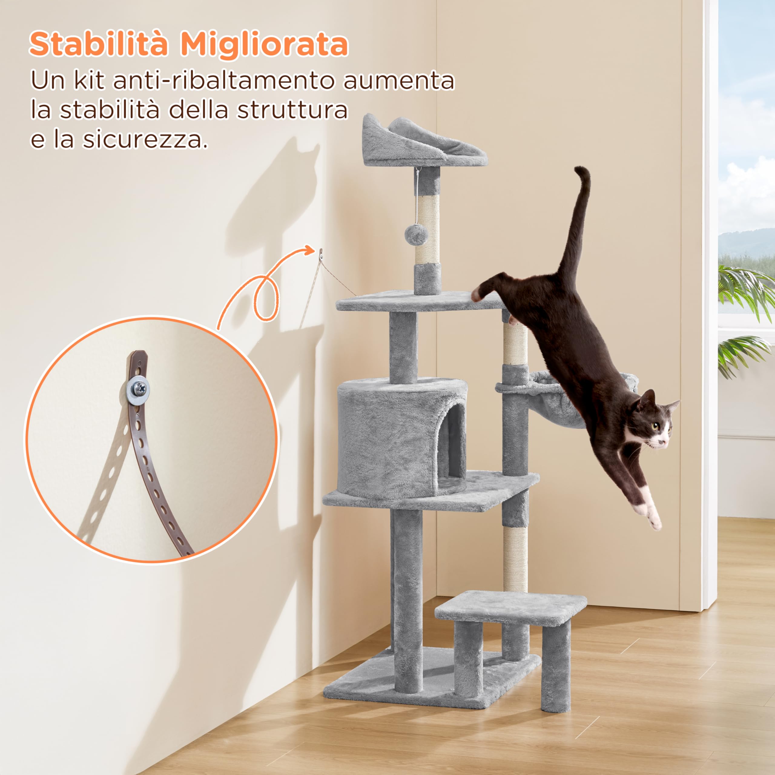 Yaheetech Albero Tiragraffi in Sisal Naturale e Truciolato 48,5 cm × 40,5 cm × 145 cm Torre per Gatti con Posatoio Gioco Condominio Grigio Chiaro
