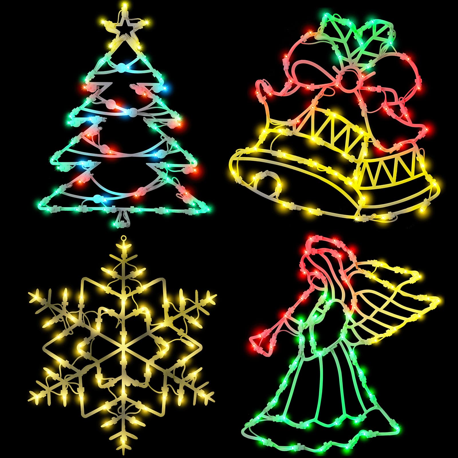 4 Pack Christmas Window Silhouette Lights Decorations, 16 Inch Lighted Snowflake, Xmas Tree, Bell and Angel Christmas Window Light Decoration for Holiday Indoor Outdoor Wall Door Glass Decorations