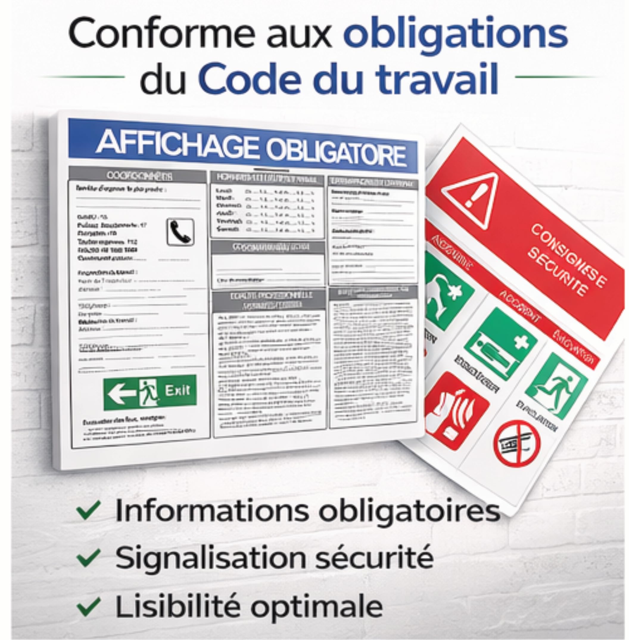 Lot 3 Pack Affichage Obligatoire Entreprise A3 + Consignes de Sécurité + Pictogrammes Sécurité 20x20 + Sortie de Secours 30x10 – Conforme Code du Travail – Vinyle Résistant