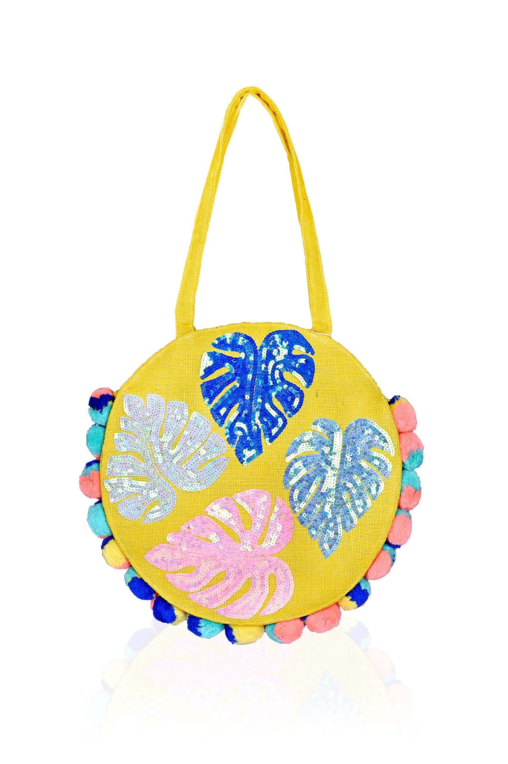 Boho Girl Multicolor Cotton Palm Leaves Jute Round Tote | Boho Beach Bags For Women and Girls (B0BNQ8ZR25) Amazon Price History, Amazon Price Tracker
