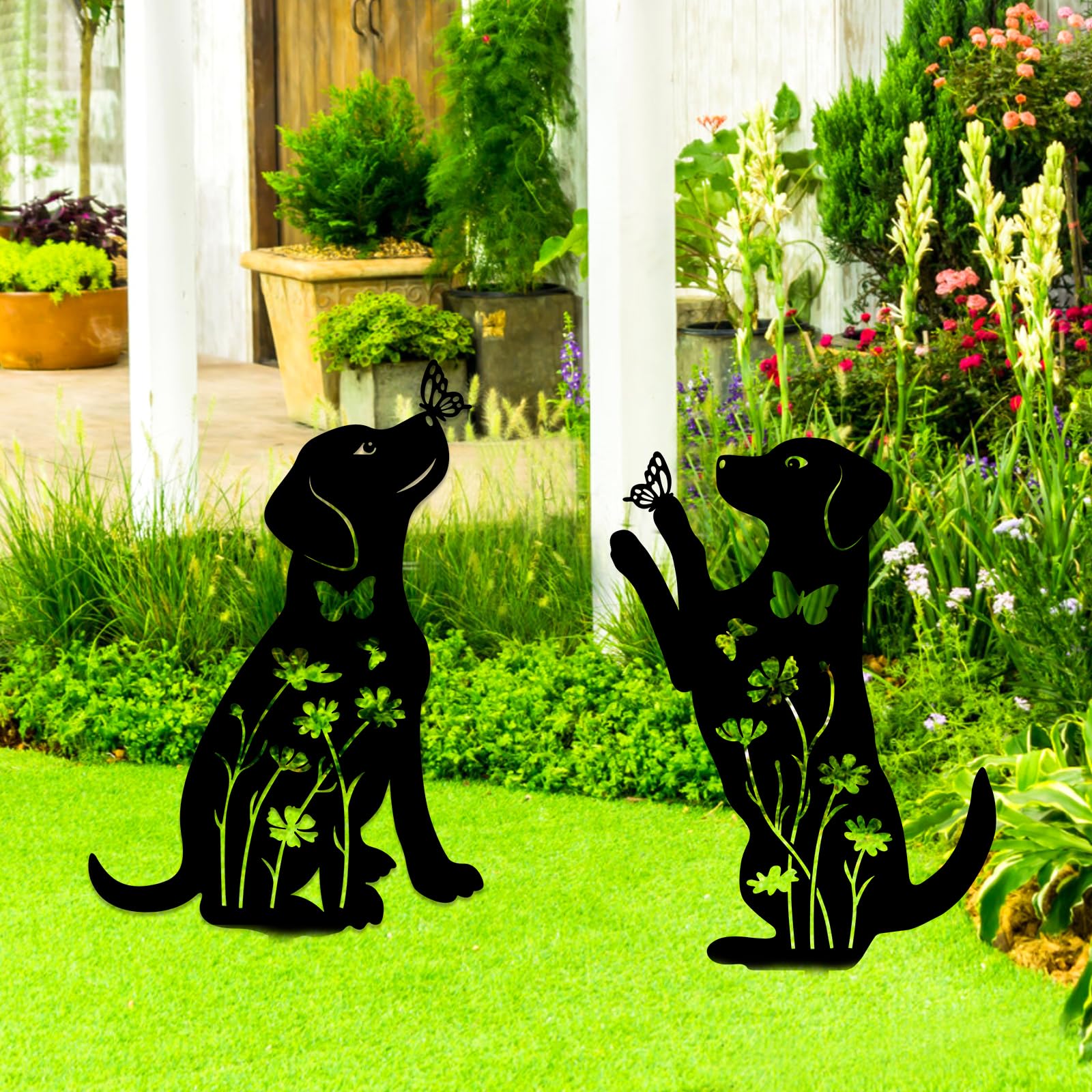 YiYa 2 Pack Metal Dog Decor, Animal Silhouette Garden Ornaments - Black Dog Wall Art for Lawn Decor - Image 3
