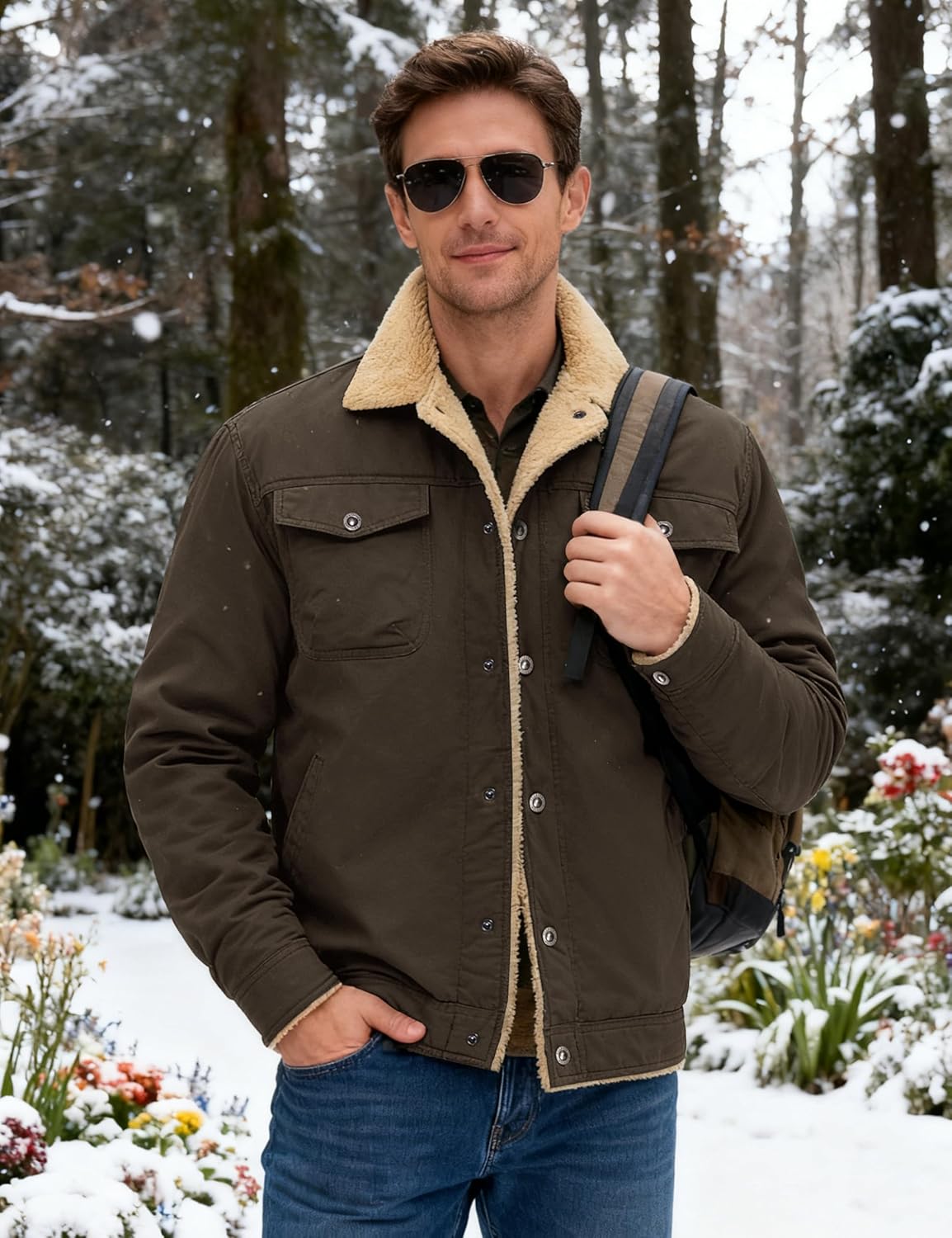 MAGNIVIT Men's Cotton Cargo Jacket Winter Sherpa Fleece Lined Work Jacket Coats with 5 Pockets - Image 2