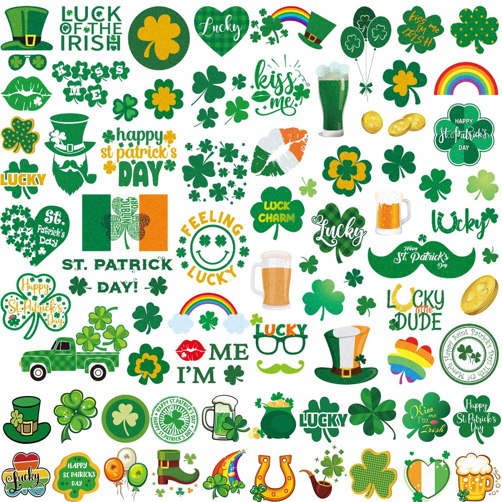23 Sheets Large Glitter St. Patrick's Day Tattoos Accessories, 100+ Pcs Glitter Lucky Clover Shamrock Temporary Tattoos, Glitter Body Jewelry Irish Parade Party Favors Decorations