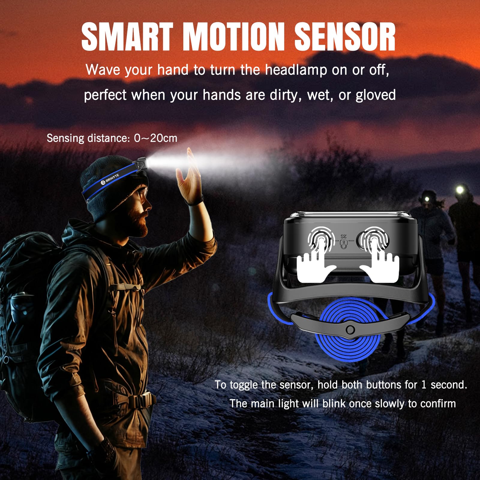 Brinyte HC01S - Linterna frontal recargable con sensor de movimiento LED de 1000 lúmenes, USB-C y AAA, doble potencia, luces blancas y rojas, luces de camping, luz de casco duro, linterna impermeable