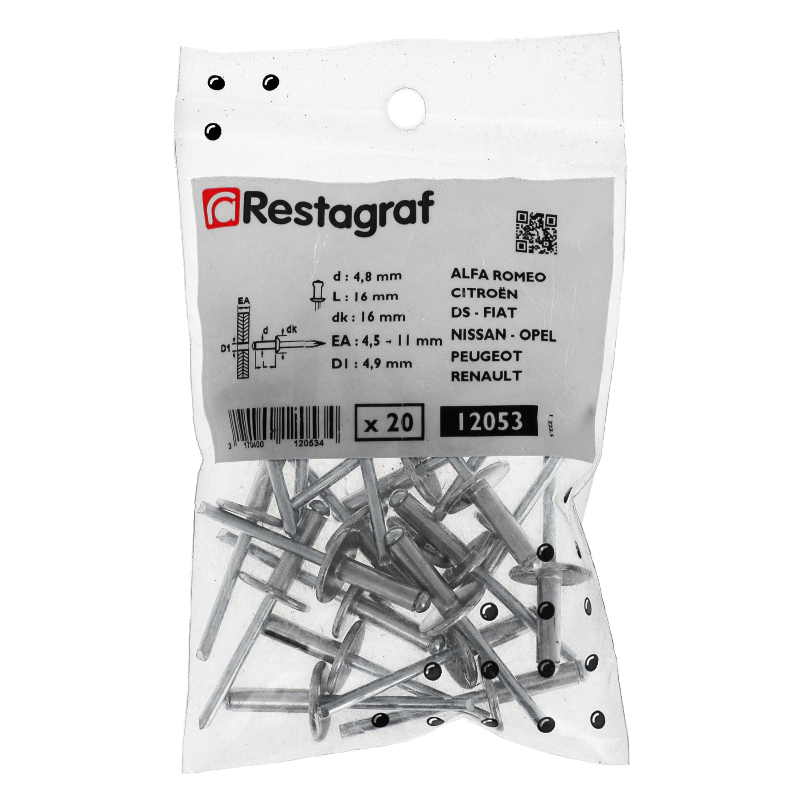 Restagraf - Nit aluminiowy z szeroką głowicą i stalowym trzonkiem - Kompatybilny z Alfa Romeo, Alpine, Citroen, Dacia, DS, Fiat, Lancia, Mitsubishi - Średnica 4,8 mm - Długość 16 mm - Nr ref. 12053