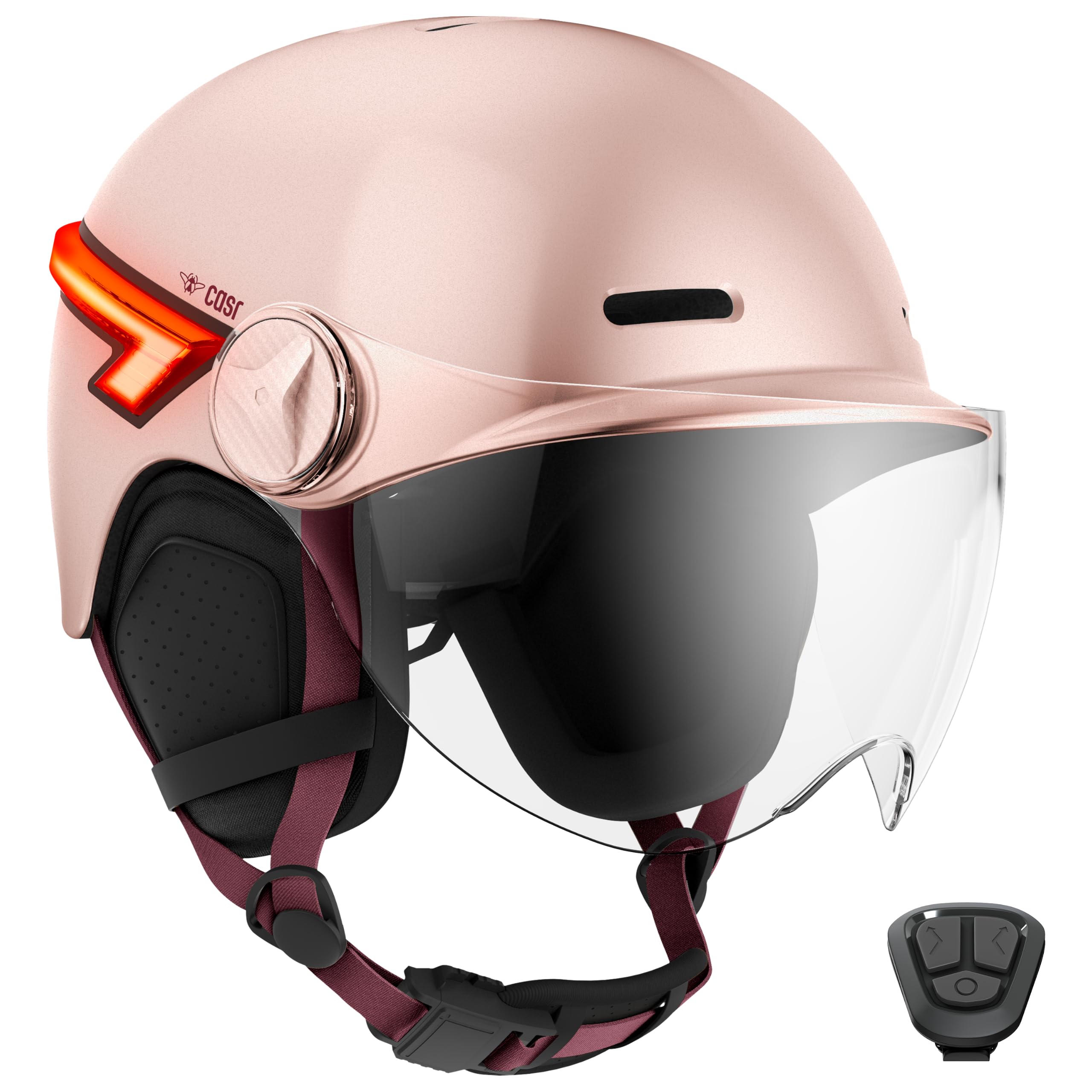 CASR Glow Kask rowerowy LED i hulajnogi, daszek XL i zdejmowane nauszniki, tylne kierunkowskazy i pilot zdalnego sterowania, ładny miejski design dla mężczyzn i kobiet, przezroczysty róż, rozmiar M