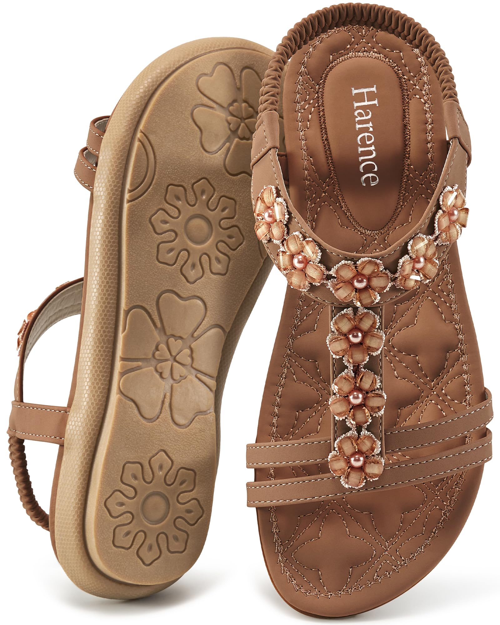 Harence Women's Summer Flat Sandals: Comfortable Bohemian Beaded Flats Shoes Elastic Ankle T-Strap Casual Slip on Beach Dress Sandals for Women
