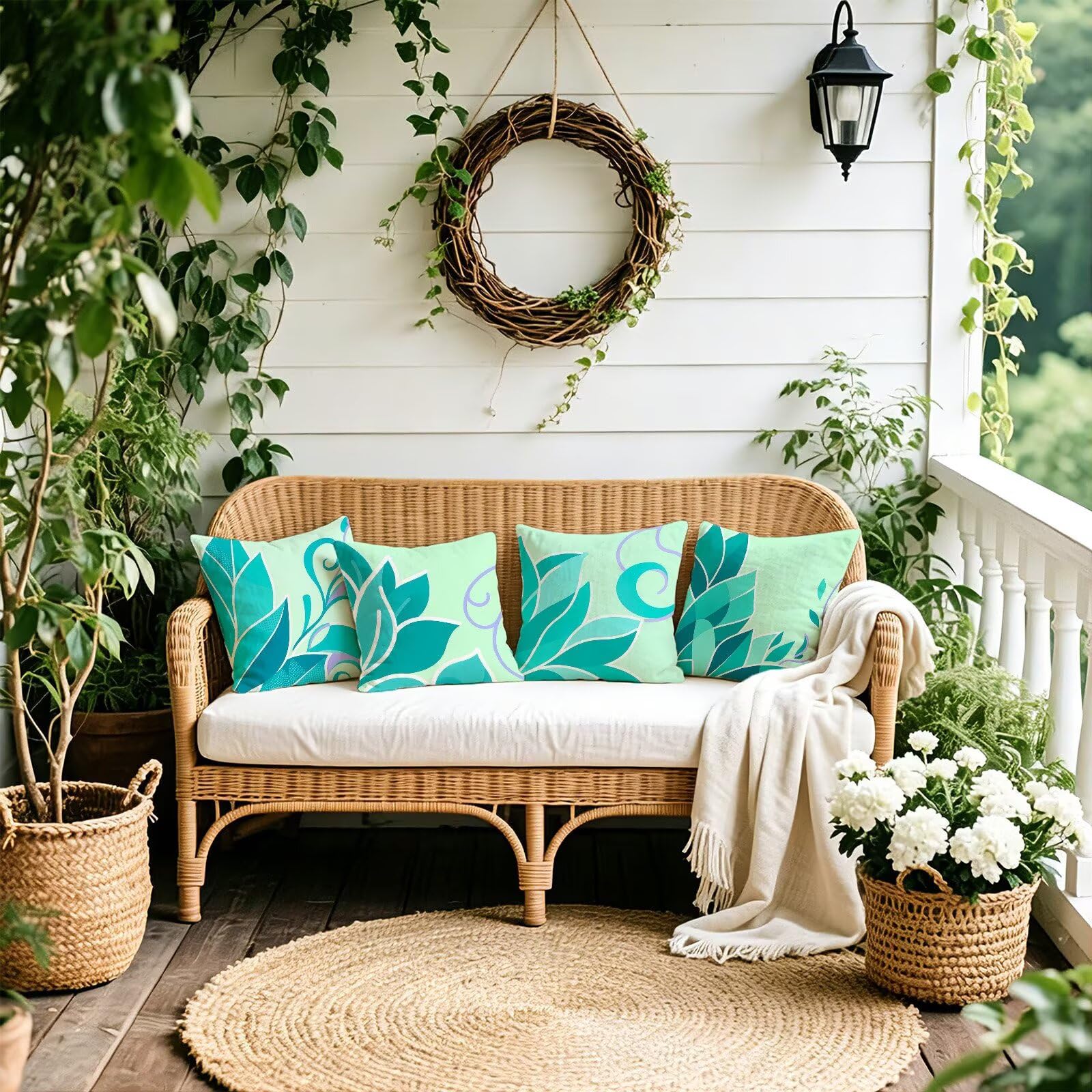 Blu Federe Cuscini Divano 40x40cm, Cuscini da Esterno Set de 4, Cod-81 | Lin Copricuscini Decorativi Letto Arredo, per Letto, Soggiorno, Giardino, Esterno, Casa Decorazione Set di 4 Foglie