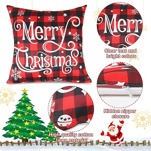 Miniatura 3 de CCINEE Juego de 4 fundas de almohada de Navidad, 17 x 17 pulgadas, fundas de cojín de Navidad a cuadros negros y rojos, fundas de almohada para