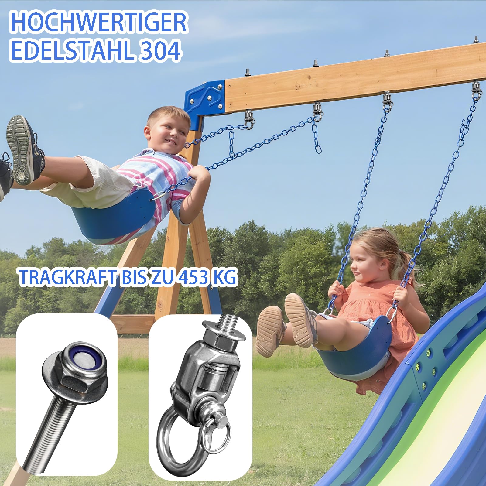 4er Schaukelhaken M10,180°+360°Drehbar Schaukelhaken für Holzbalken | 285mm Schaukelhaken Lager Bis 453kg, Edelstahl Hängematte Schaukel Befestigung Betondecke für Boxsack Hängesessel Yoga