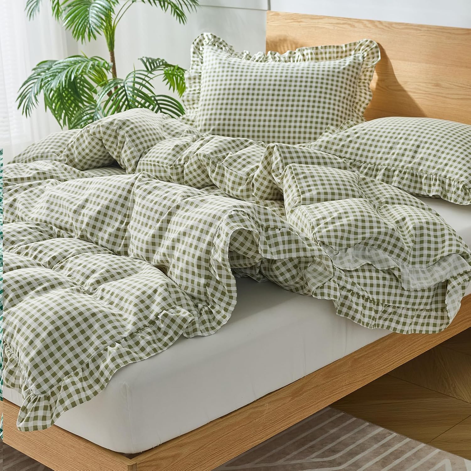 Gingham Duvet Cover Queen Size, 3 Pieces Soft Breathable Microfiber Plaid Comforter Cover with Zipper Closure & 2 Pillow Shams, Ruffle Farmhouse Vintage Decor, Sage Green - Image 4