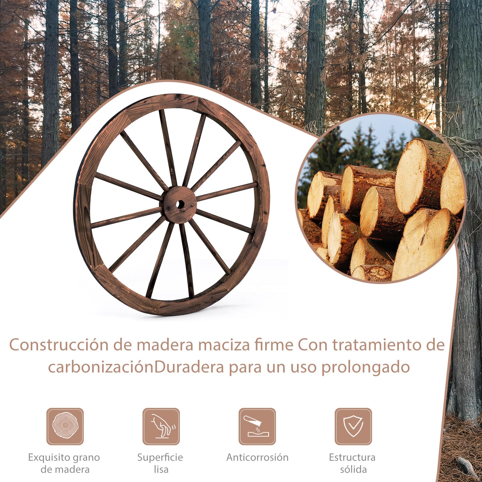 SOARS 2 Piezas Ruedas de Carro de Madera, Decoración de Pared Ø 76 cm con Chapa de Hierro, Rueda de Madera Ruedas Colgantes Rueda de Carro Rústico para Decoración para Jardín & Bar, Marrón