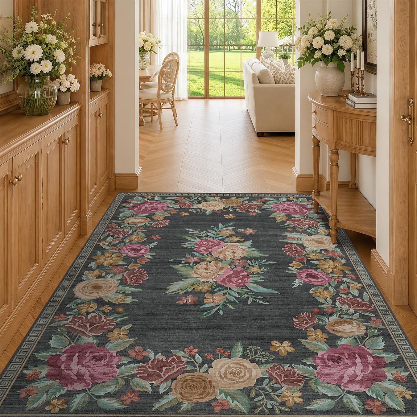 Large Entryway Rug 5x7, Washable Non Slip Stain Resistant Area Carpet, Dark Green Floral Rose Vintage Indoor Rugs for Living Room, High Traffic Mudroom Bedroom Dining Room