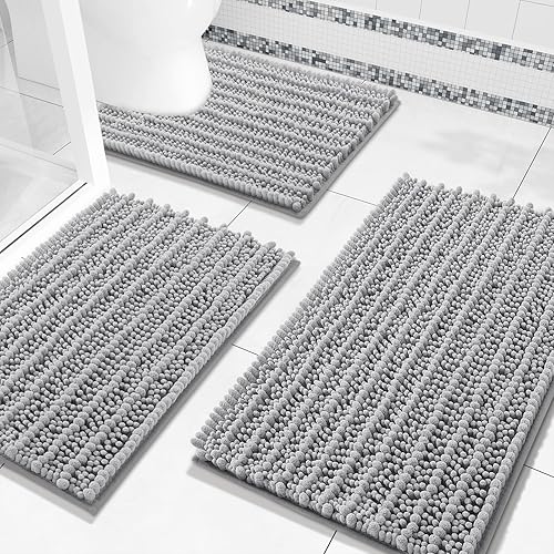 Arotive Juego de 3 alfombras de baño de chenilla, extra suaves, absorbentes, peludas y de contorno en forma de U, antideslizantes, lavables a