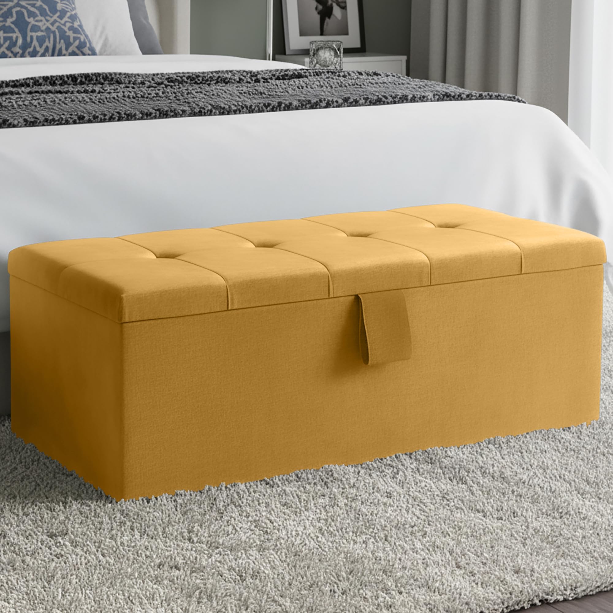 Aiza Large Cube Ottoman Storage Box Bench, Mustard Plush, No Legs