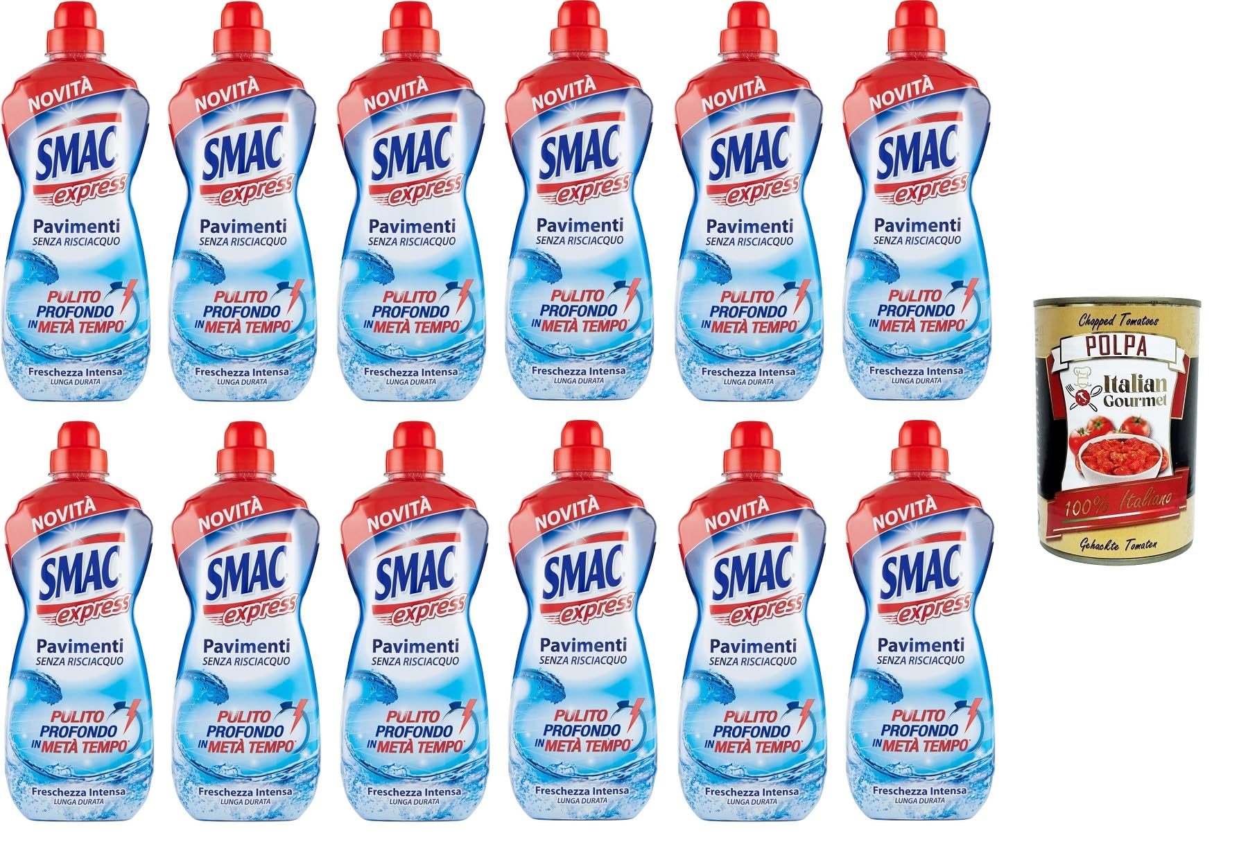 Smac Express - Frescura intensa para suelos, limpiador multisuperficie, efecto limpiador sin aclarado, 12 x 1000 ml + Polpa italiana gourmet 400 g