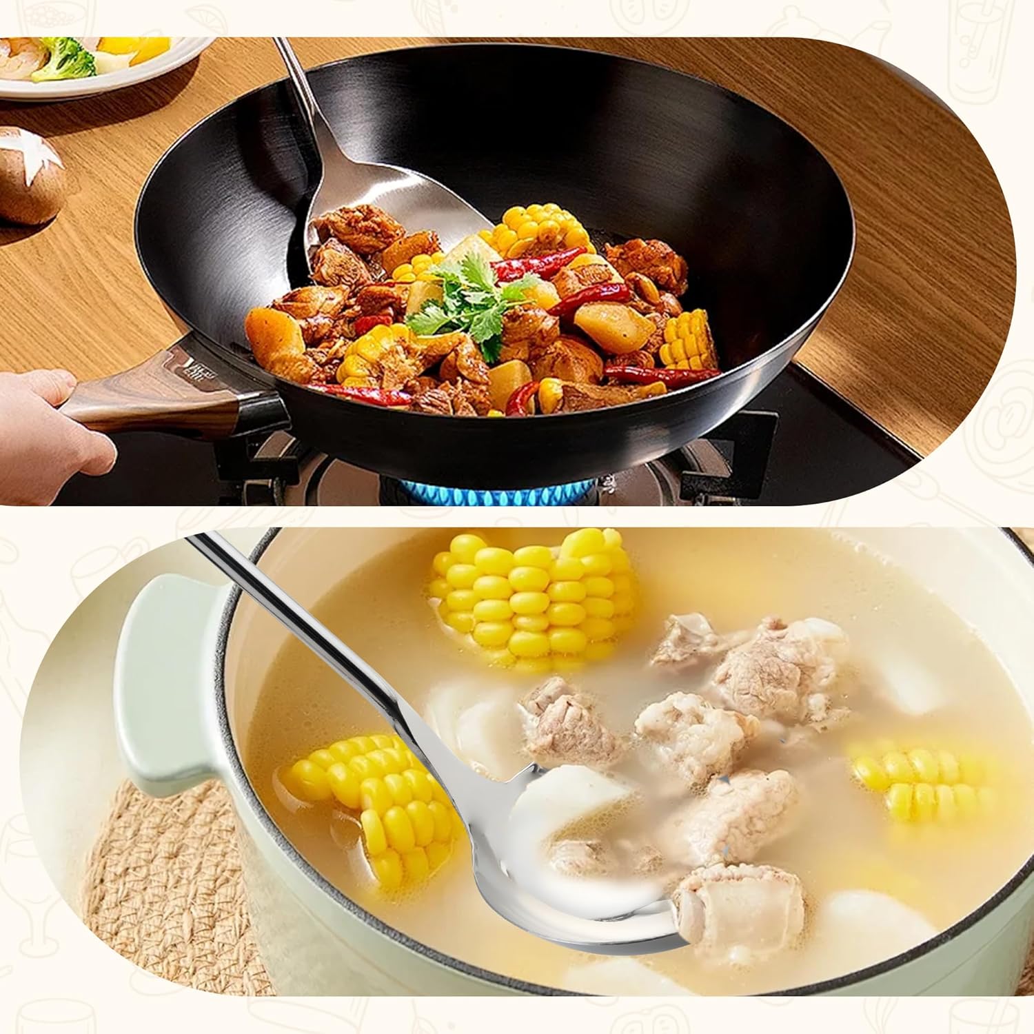 FJNATINH Wok Spatula and Ladle Tool Set - Stainless Steel Wok Tools,Wok Utensil,Mirror Polished Stainless Steel Cooking Utensils 14.6-15.2" Kitchen Utensils Cookware, Pack of 2 - Image 9