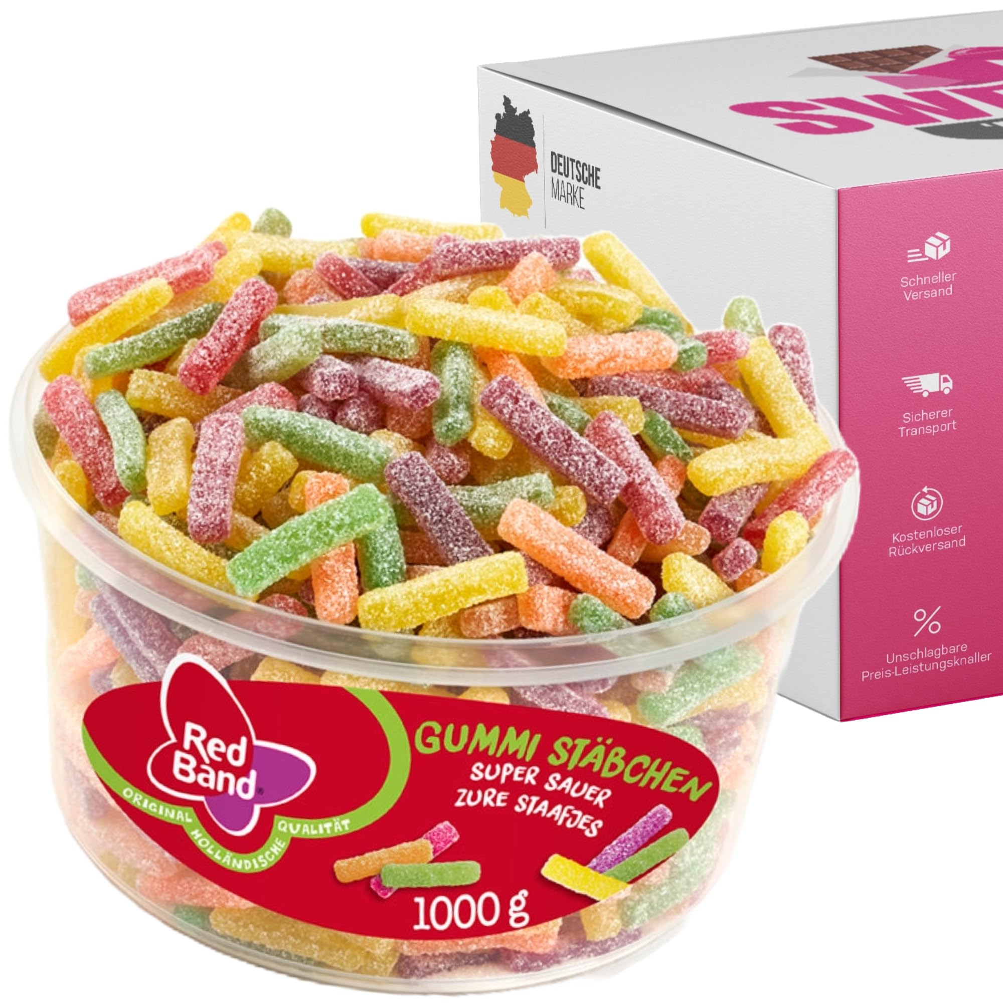 Red Band Fruchtgummi Dosen | Saure Zungen, Pilze, Schnuller & Mehr | Großpackungen für Party, Büro oder als Geschenk (Gummi Stäbchen 1000g)