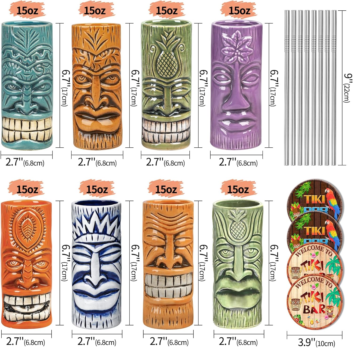 Tiki Mugs Set of 8 - Ceramic Tiki Glasses with Tiki Coaster, Unique Cocktail Glass, Bar Professional HawaiianTiki Mug and Halloween Christmas Party Barware - Image 2
