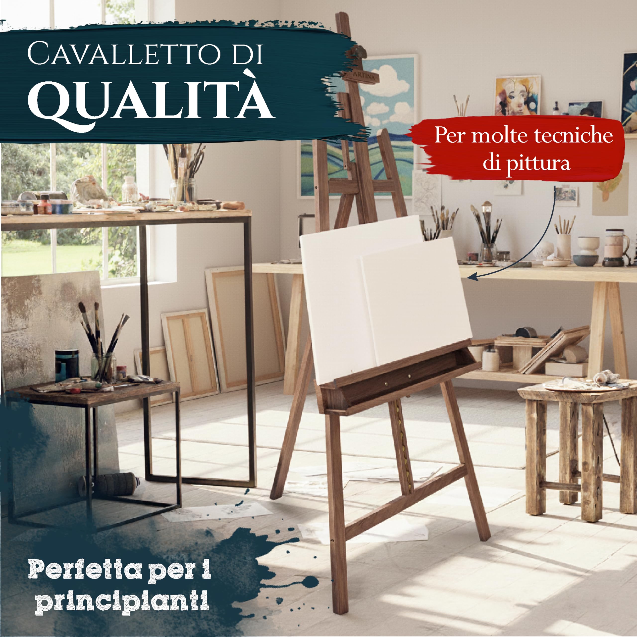 Artina – Kit pittura acrilica 30 pezzi con cavalletto in legno finitura noce Barcelona + tele serie Santorini per tele fino a 120cm, pennelli ecc. – set artistico per principianti e hobbisti