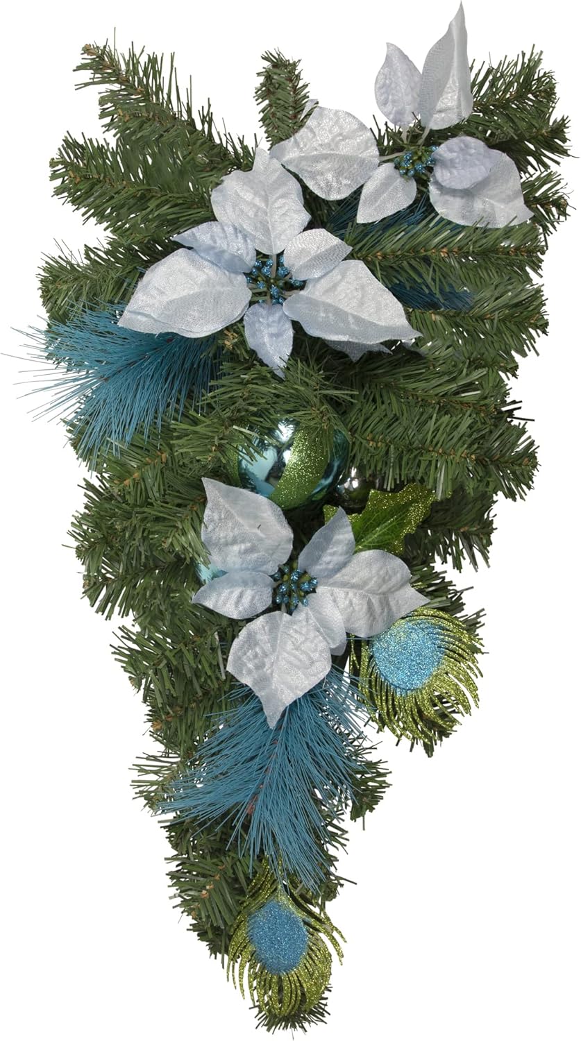 Northlight Peacock Silver Balls & Poinsettias Artificial Christmas Teardrop Swag, 24", Blue
