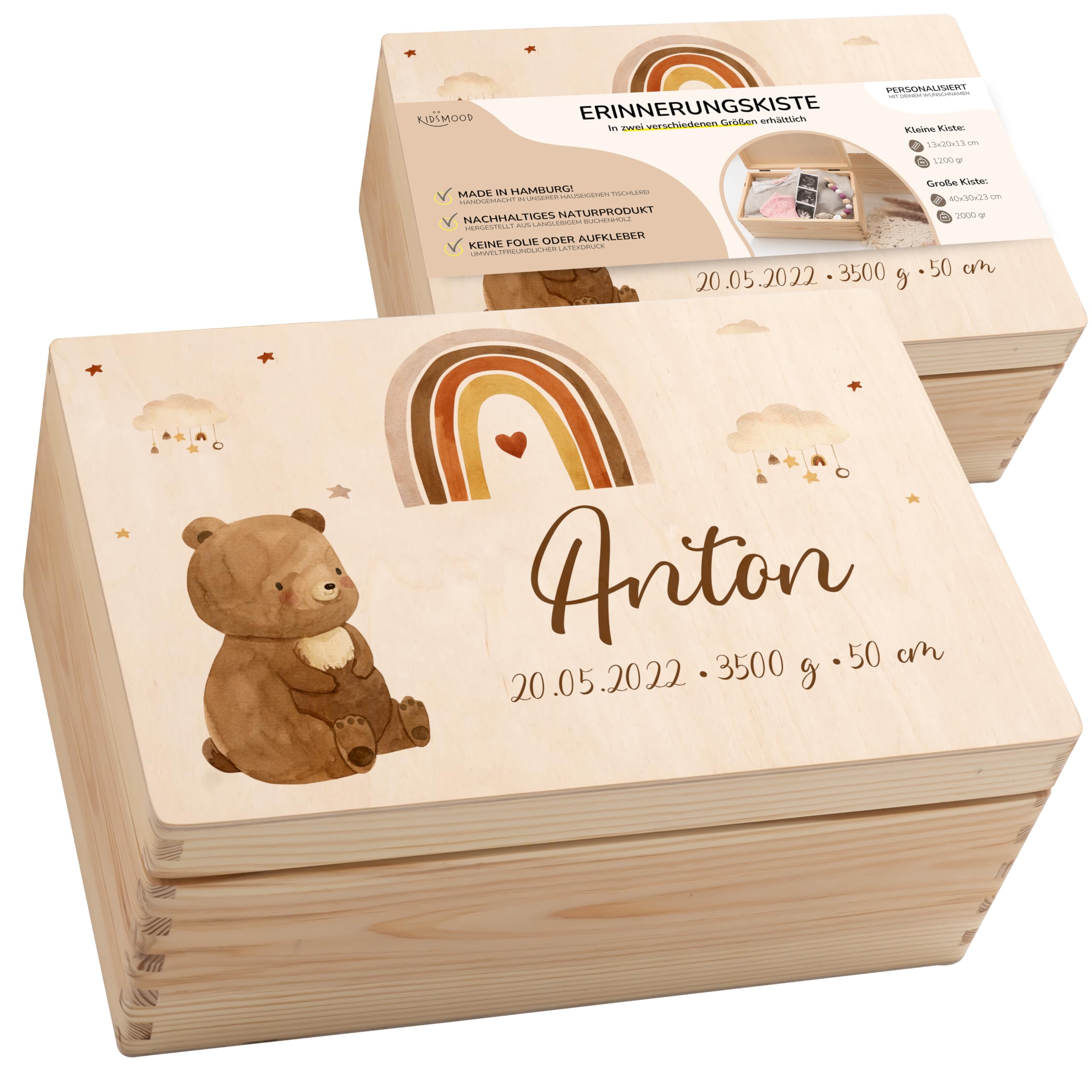KIDSMOOD - Erinnerungsbox Baby, personalisierte Holzkiste mit Deckel, Ideal zur Aufbewahrung von Erinnerungen und als Geschenk zur Geburt, Taufe oder als Geburtstagsgeschenk für Mädchen und Jungen