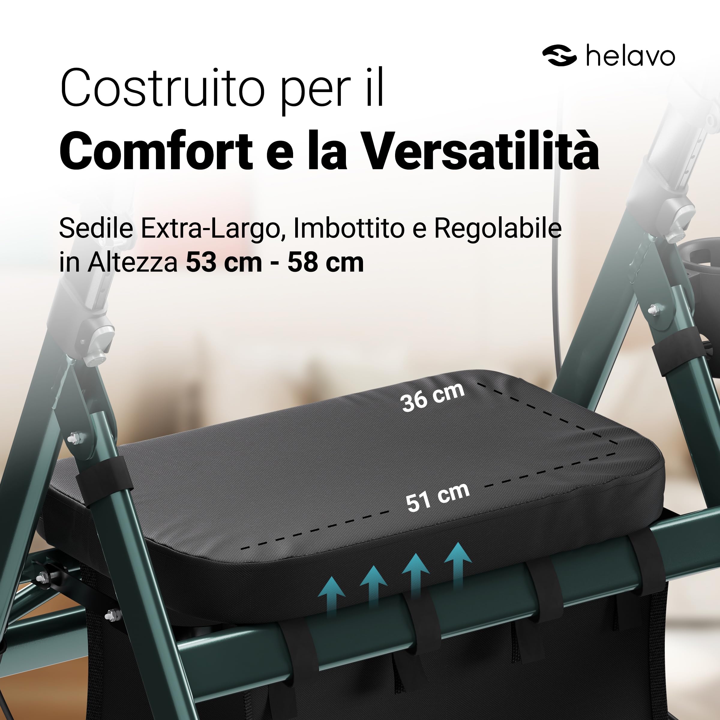 Helavo Deambulatore Antibrachiale Bariatrico per Anziani con Ruote 8" Antiforatura - Deambulatore Alto con Seduta Larga Pieghevole - Rollator Extra Large con Appoggio Avambracci - Portata 226 kg H1360