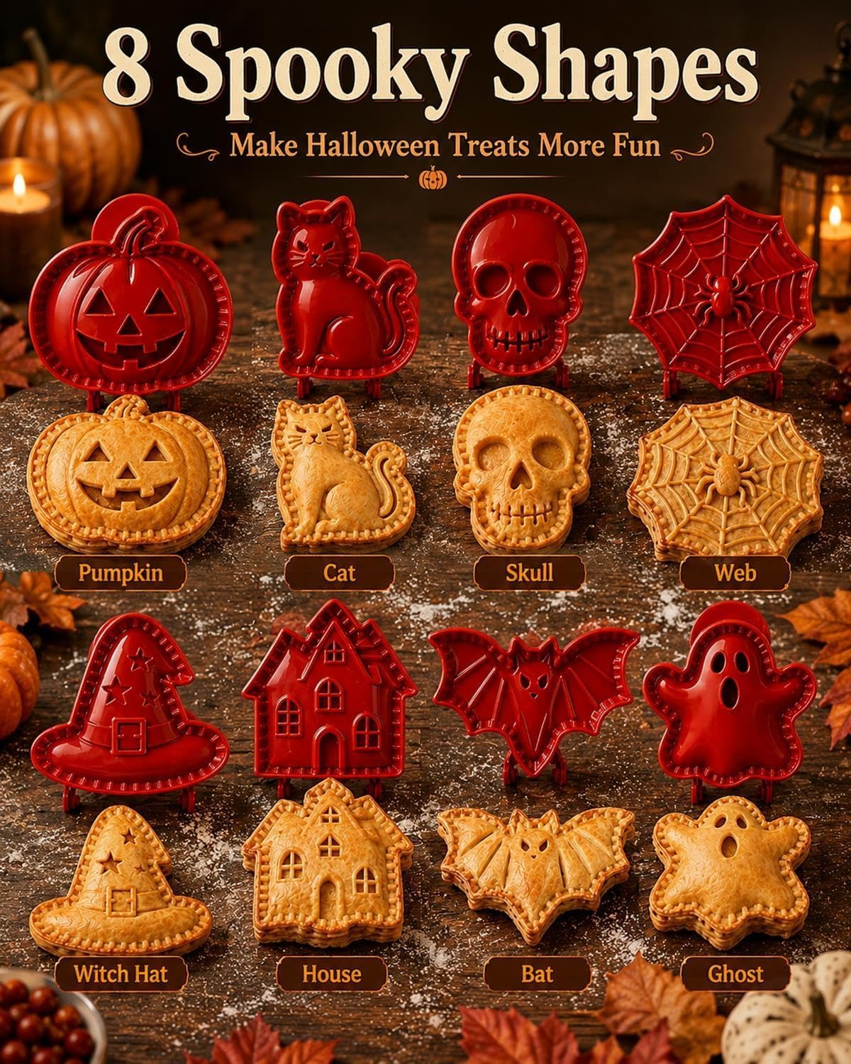 Halloween Mini Hand Pie Mold, 3D Reusable,Party Potluck Hand Pie Molds, Holiday Mini Pie Molds for Baking, Halloween Pumpkin Pie Press Tools (8 Articoli)