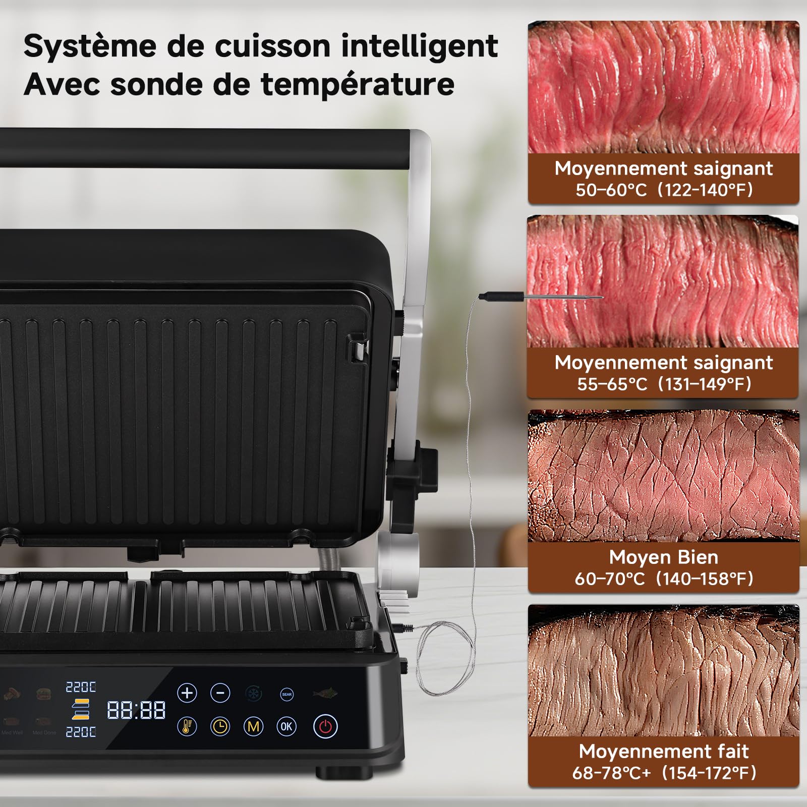 AMZCHEF Grill Contact XL 6-en-1 avec Sonde de Température, 280°C GrillBoost, 6 Programmes, Double Zone, Ouverture 180°, Plaques Antiadhésives pour Steak, Panini, Gaufres & Sandwich