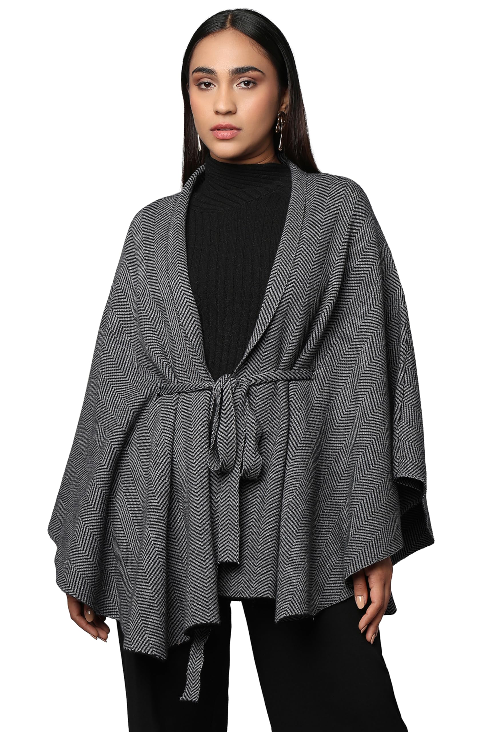 Women’s Long Sleeve Belted Cape Sweater, Viscose Blend Winter Cardigan, Flared Hemline & Textured Pattern-image-7