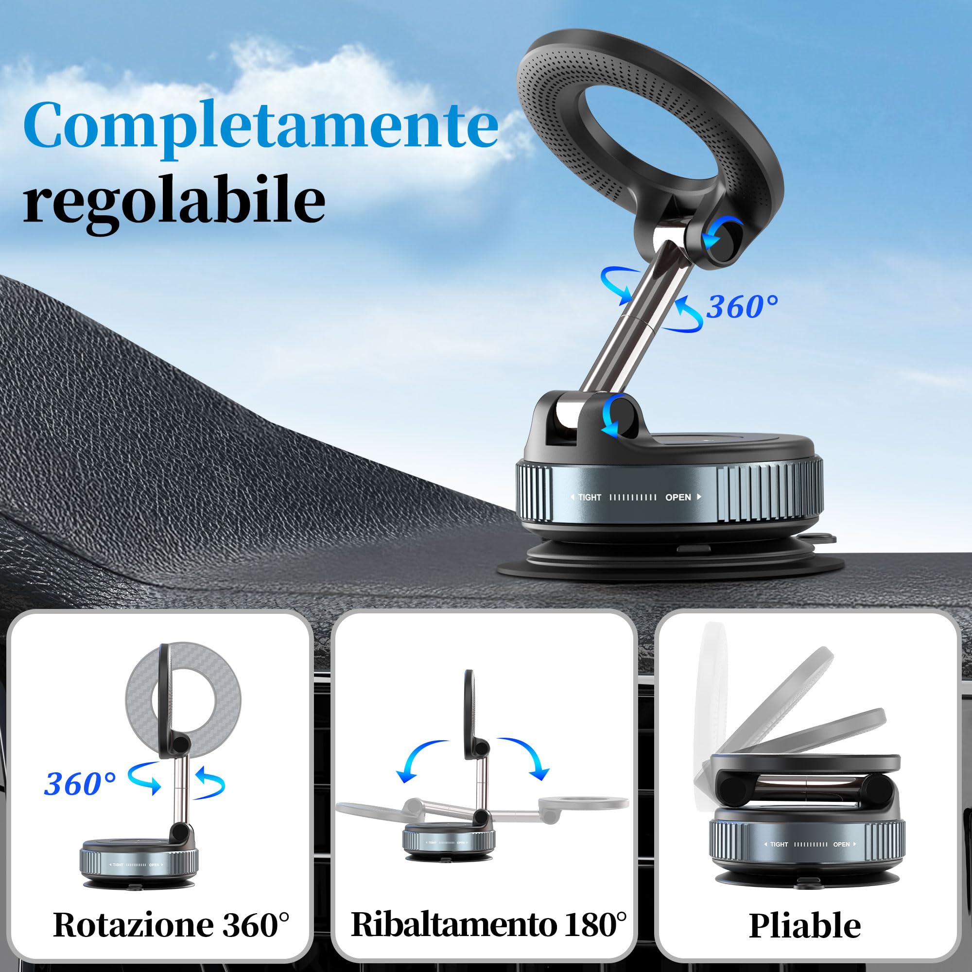 PlusAcc Supporto Telefono Auto Ventosa Magnetico – Fissaggio a vuoto, Rotazione 360°,Installazione in un secondo, Compatibile con iPhone 12/13/14/15/16/17 Air/Pro/Pro Max
