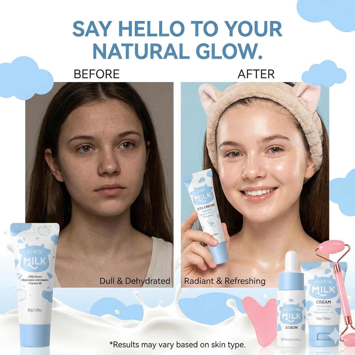 10 In 1 Gentle Milk Skincare For Girls 10-12 - Skin Care For Kids 10-12 - Birthday Gifts For Teenage Girls - Face Care Kit - Kids Skin Care Set For Girl Ages 8-12 - Gift Set With Guasha