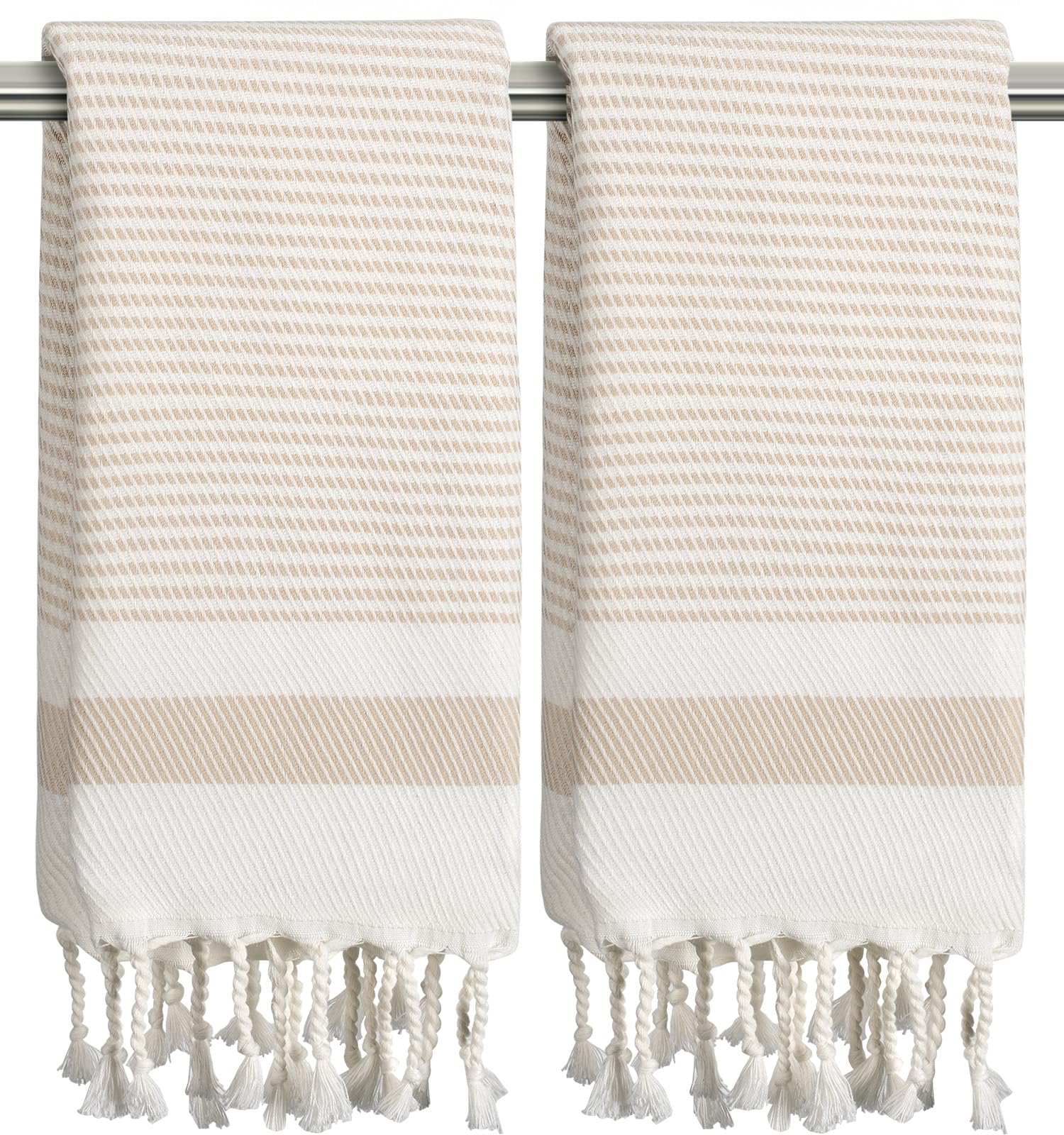 Ouxiaobai Hand Towels for Bathroom - Pack of 2 Turkish Hand Towels Set, Thin Decorative Tea Towel, 20x40 Inch Kitchen Cloth with Tassel (Beige)