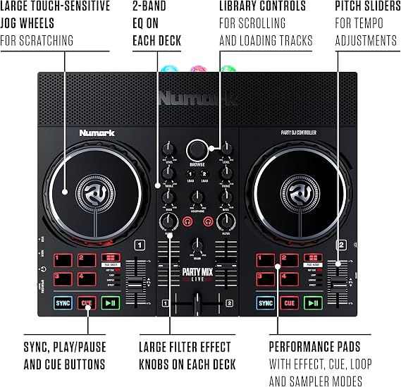 DJ Controller Bundle - DJ Set with Built in Speakers, Party Lights, DJ Mixer, Audio Interface and DJ Headphones - Numark Party Mix Live and HF175