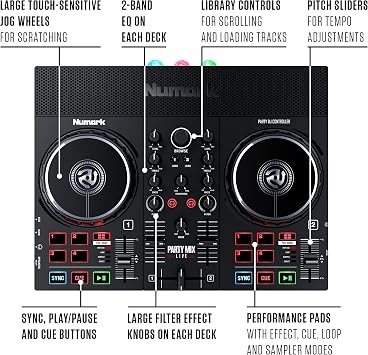 DJ Controller Bundle - DJ Set with Built in Speakers, Party Lights, DJ Mixer, Audio Interface and DJ Headphones - Numark Party Mix Live and HF175